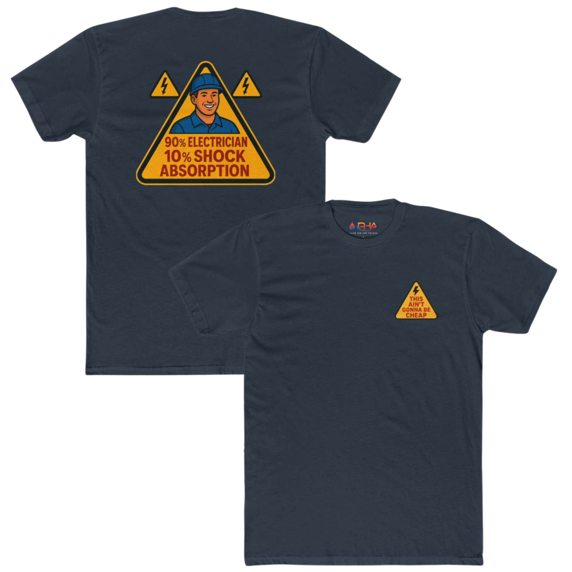 Dark blue t-shirts. One with front and back design: a man in a triangle