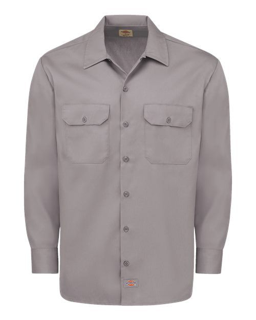 Gray long-sleeved work shirt with two chest pockets and button-down front.