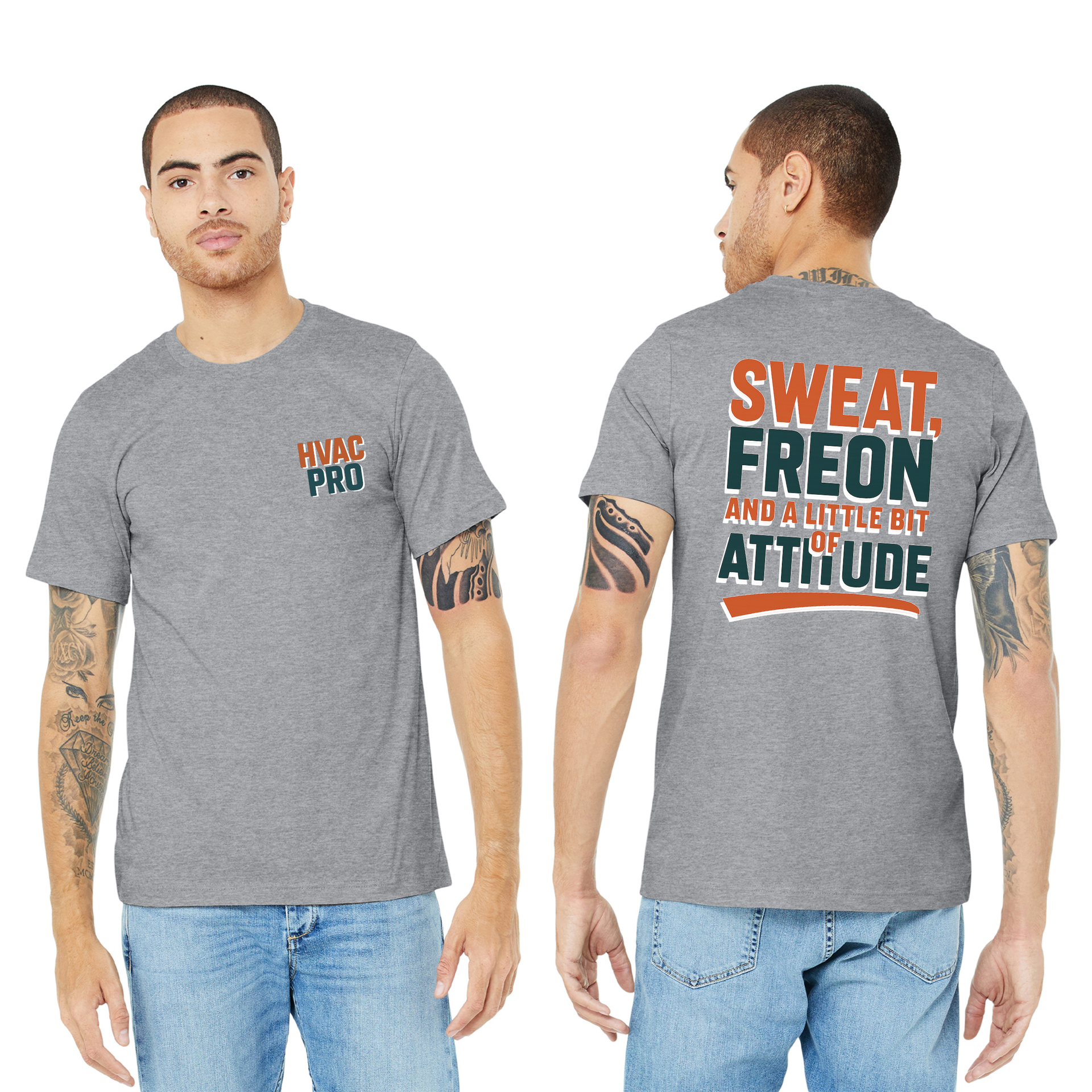 Man wearing a grey t-shirt with 