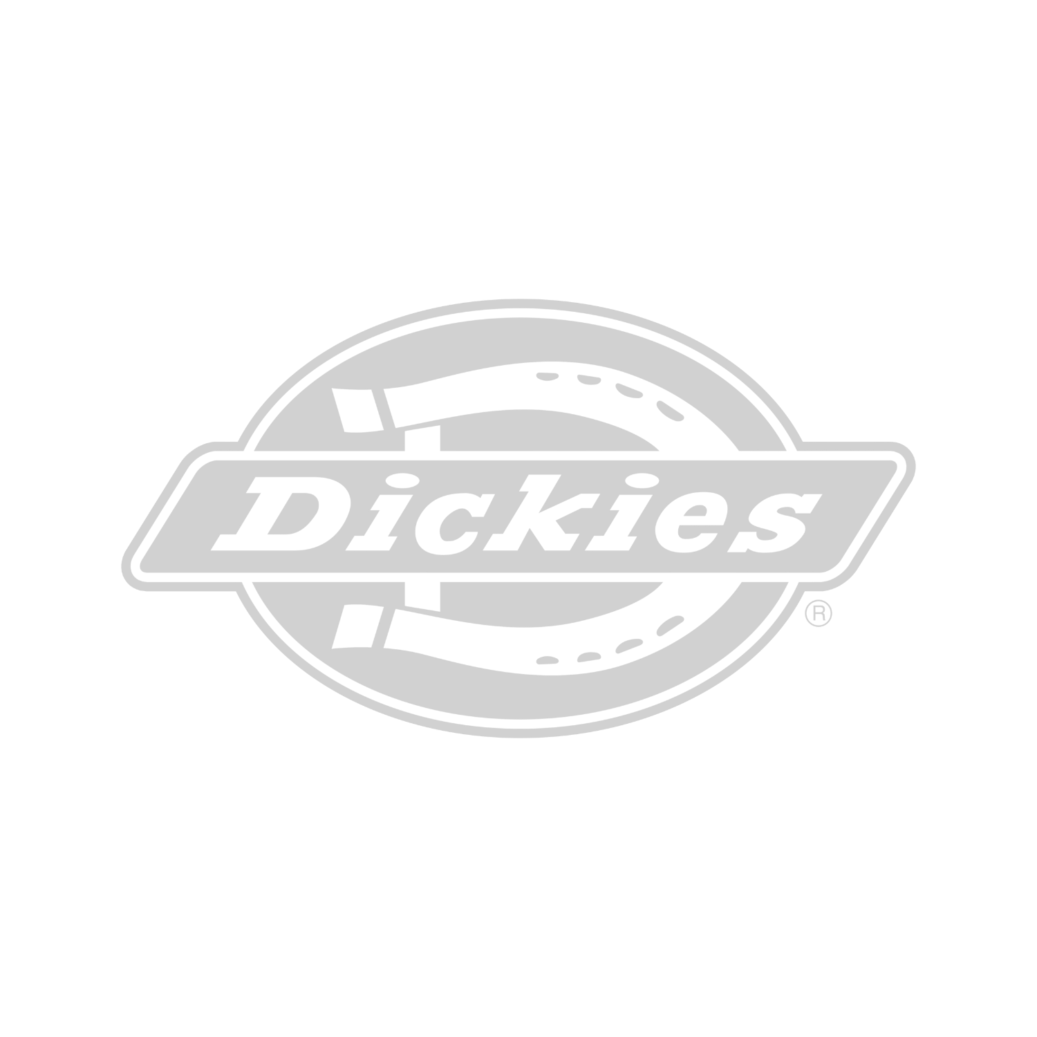 Dickies logo, white text on a grey badge with a horseshoe shape.