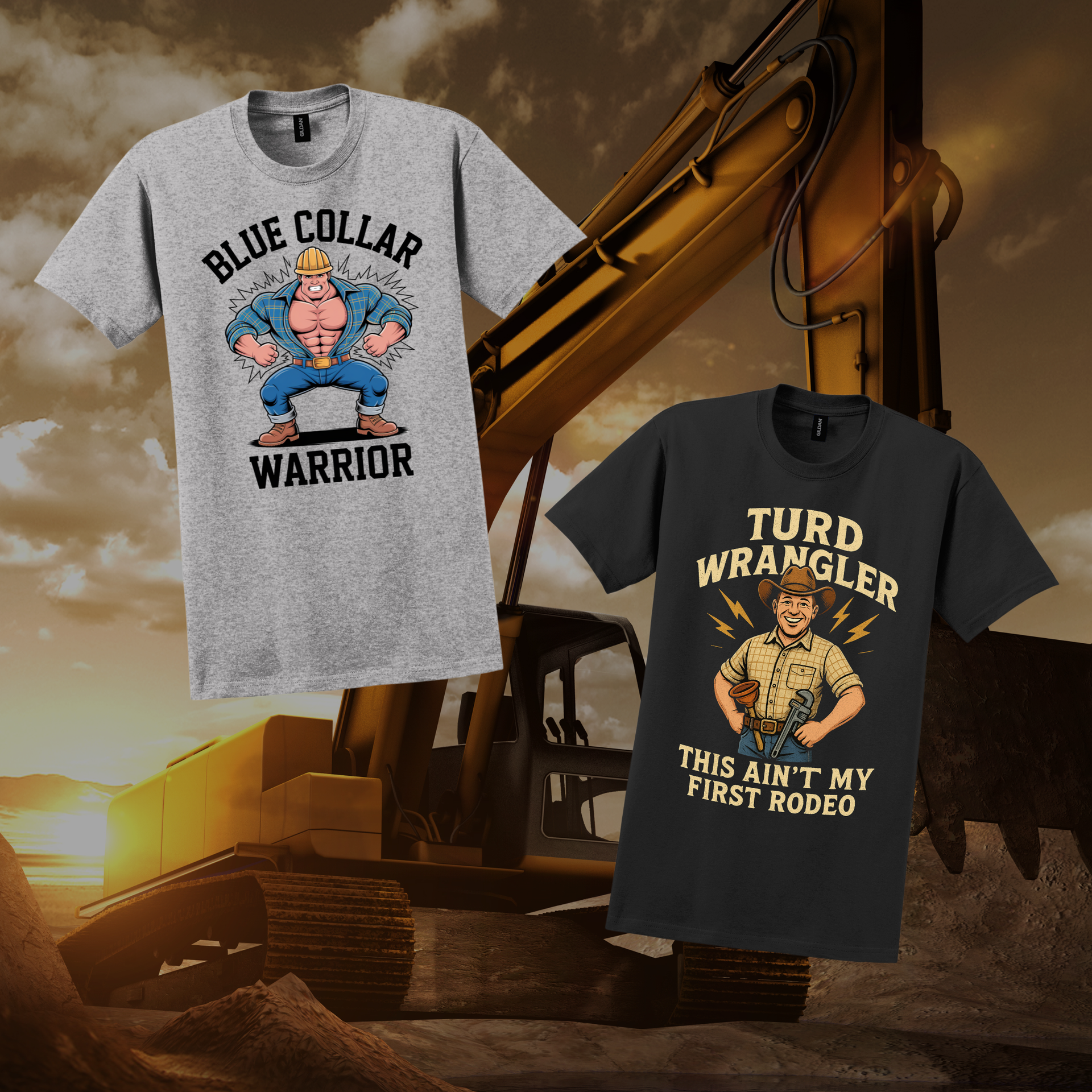 Two of our popular Graphic T-shirts laid out over a construction scene with an excavator in the background