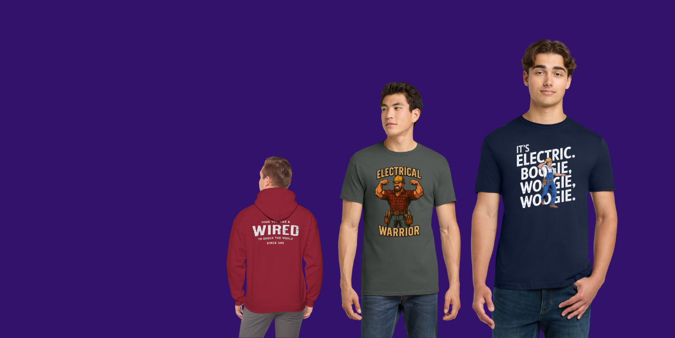 Three people wearing t-shirts and a hoodie against a purple background.