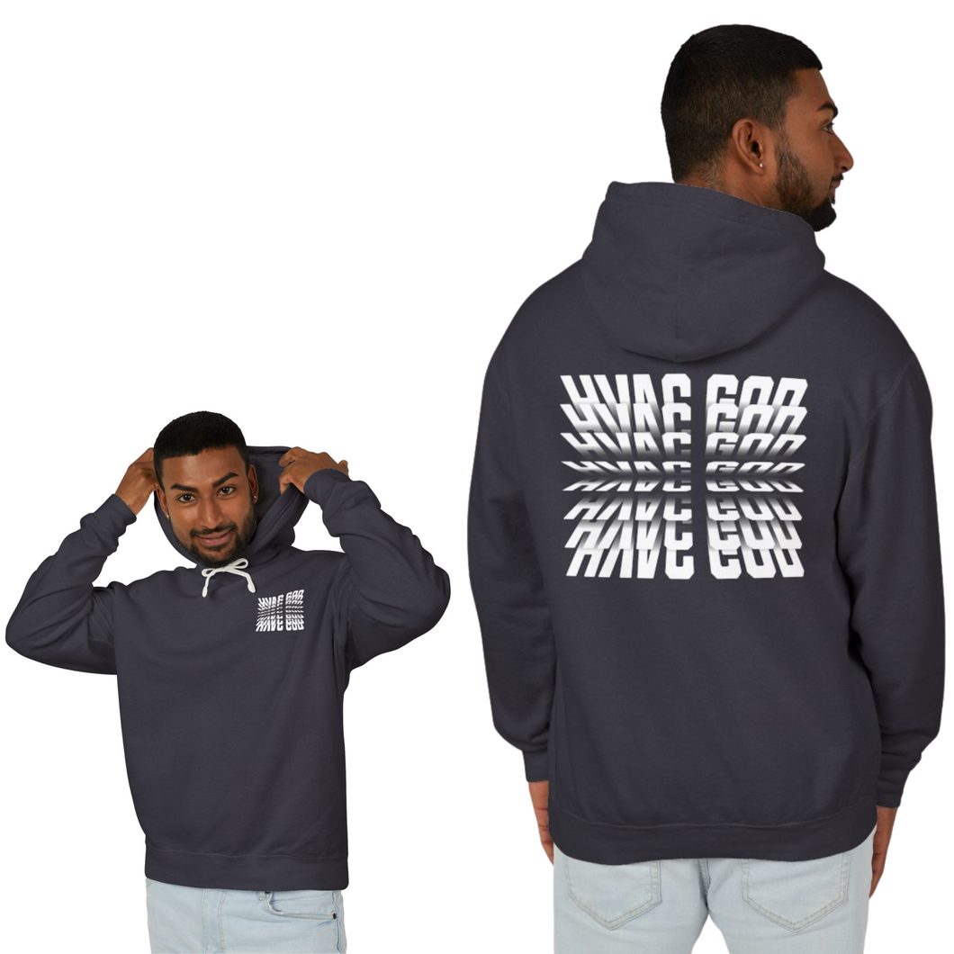 Man in dark hoodie, front and back view. White text on front and back.
