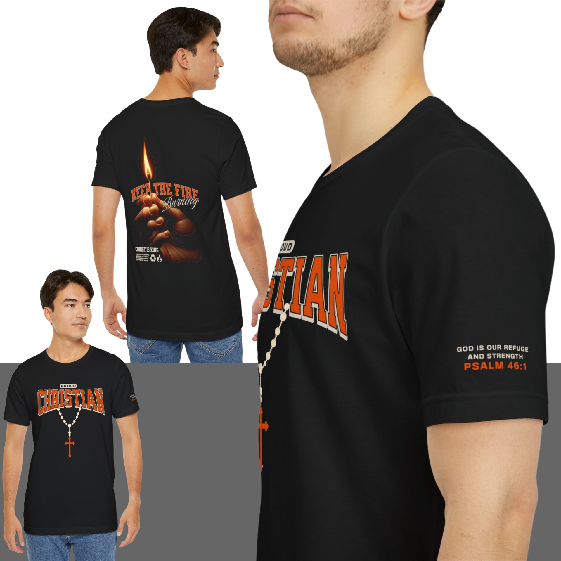 Men's black t-shirts with Christian themes and religious imagery.