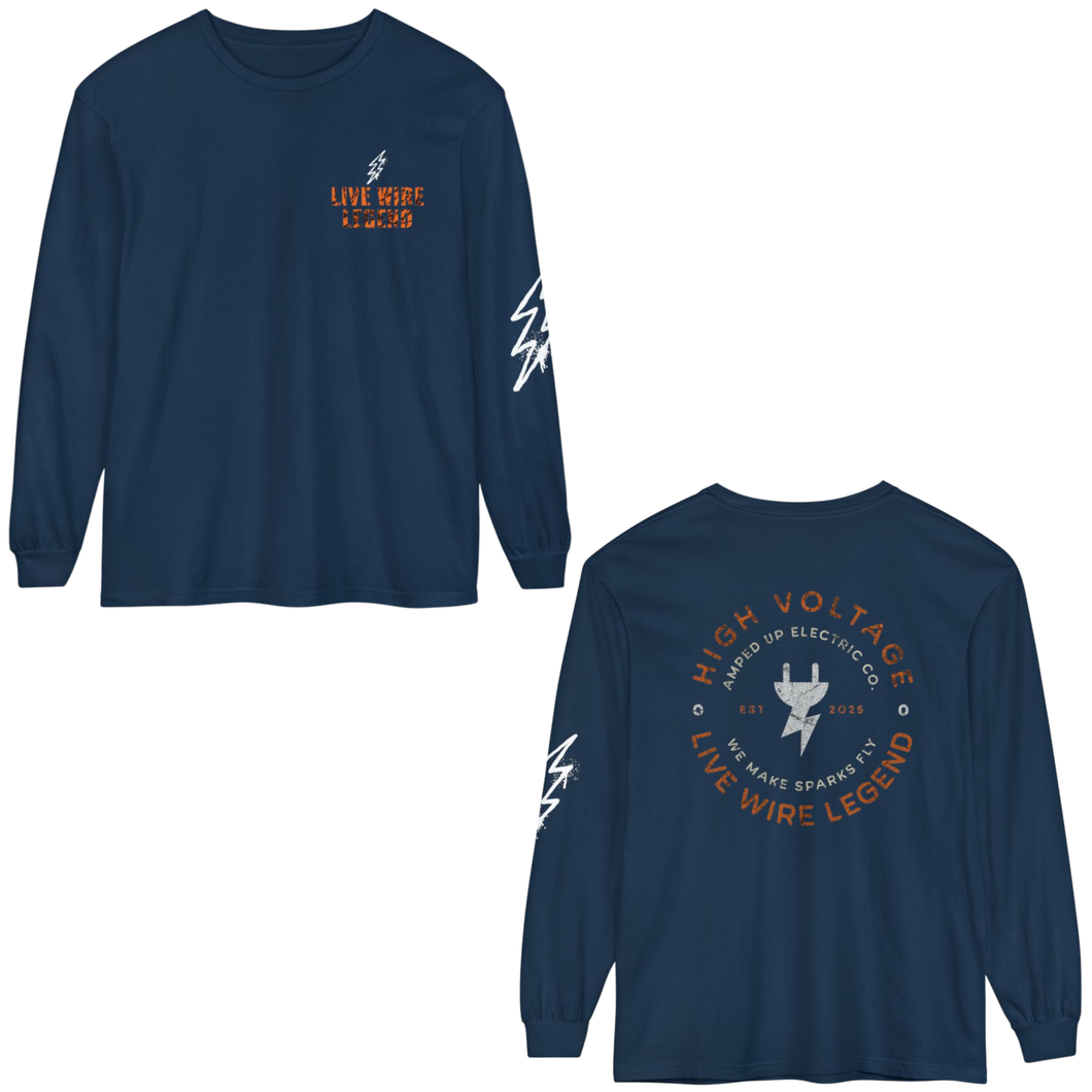 Navy blue long-sleeved shirt with electric bolt graphics on sleeve and back; logo text reads