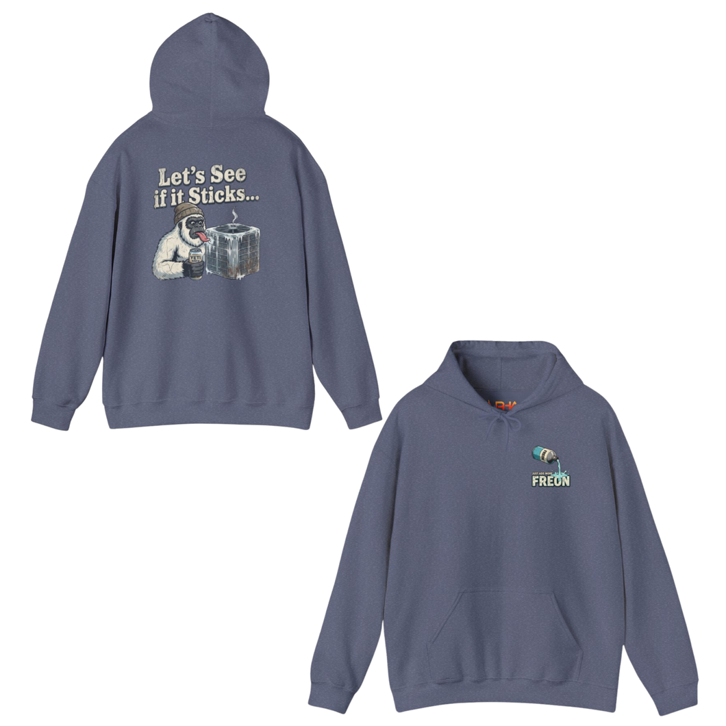 Blue hoodie with cartoon image on back: dog & saying
