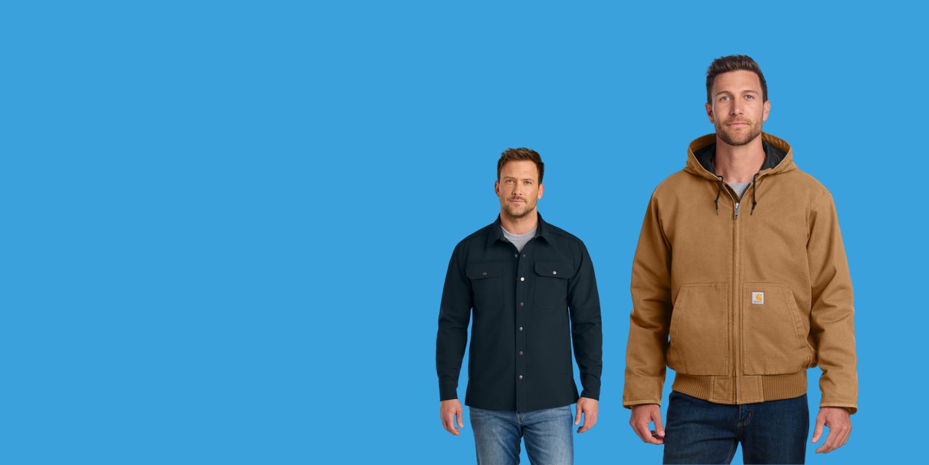 Two men on a blue background. One wears a blue shirt and jeans, the other a brown jacket and jeans.