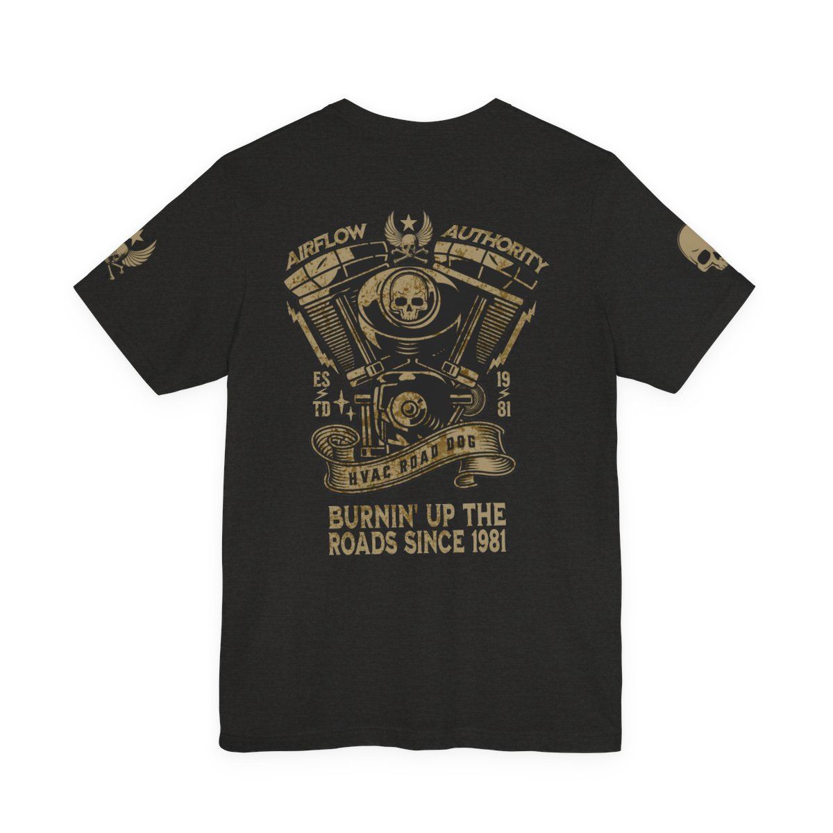 Black t-shirt with a gold motorcycle engine graphic and 