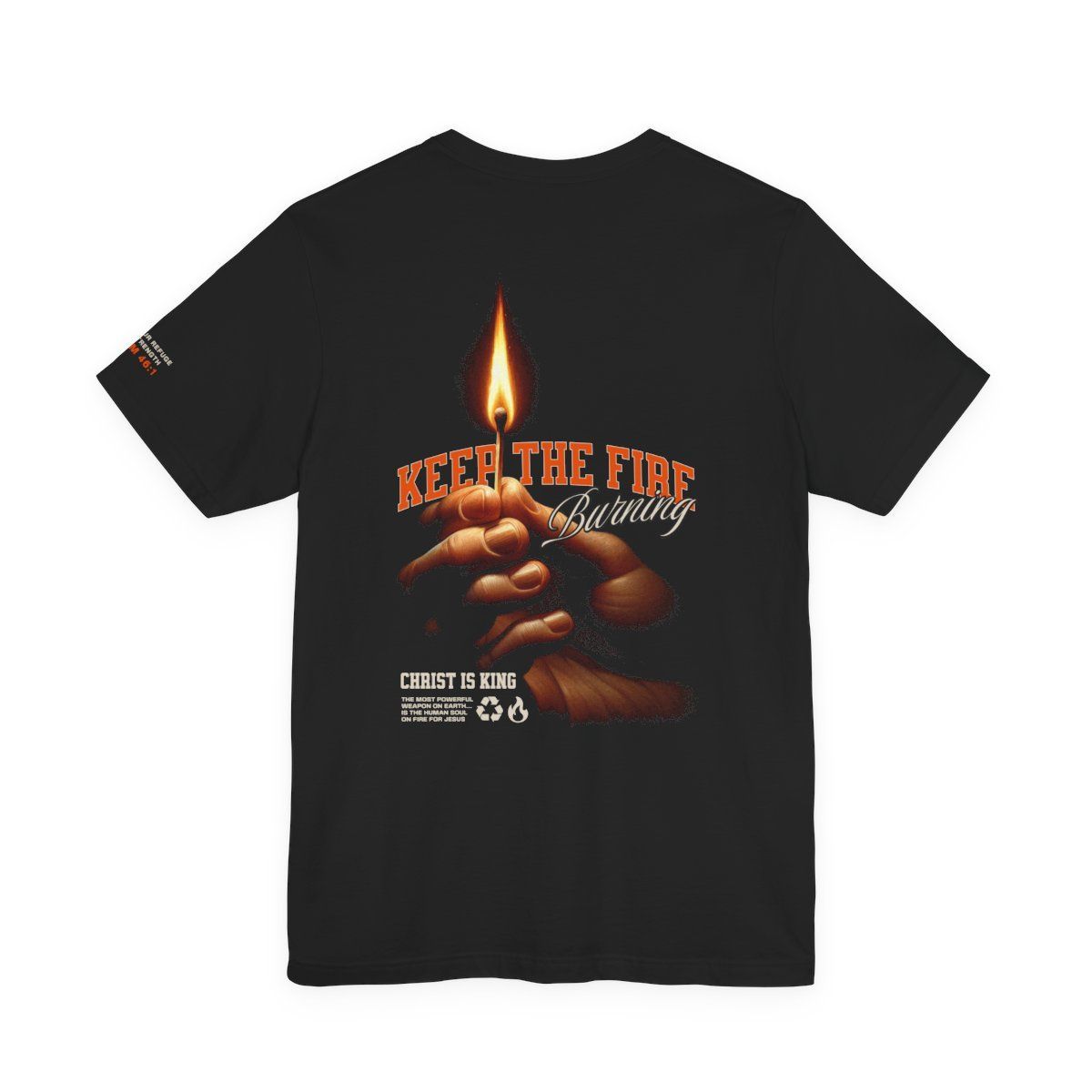 Black t-shirt with orange text 