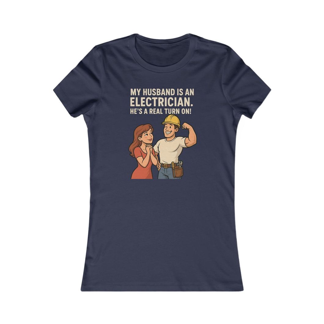 Navy blue t-shirt with illustration: a woman and muscular man; text