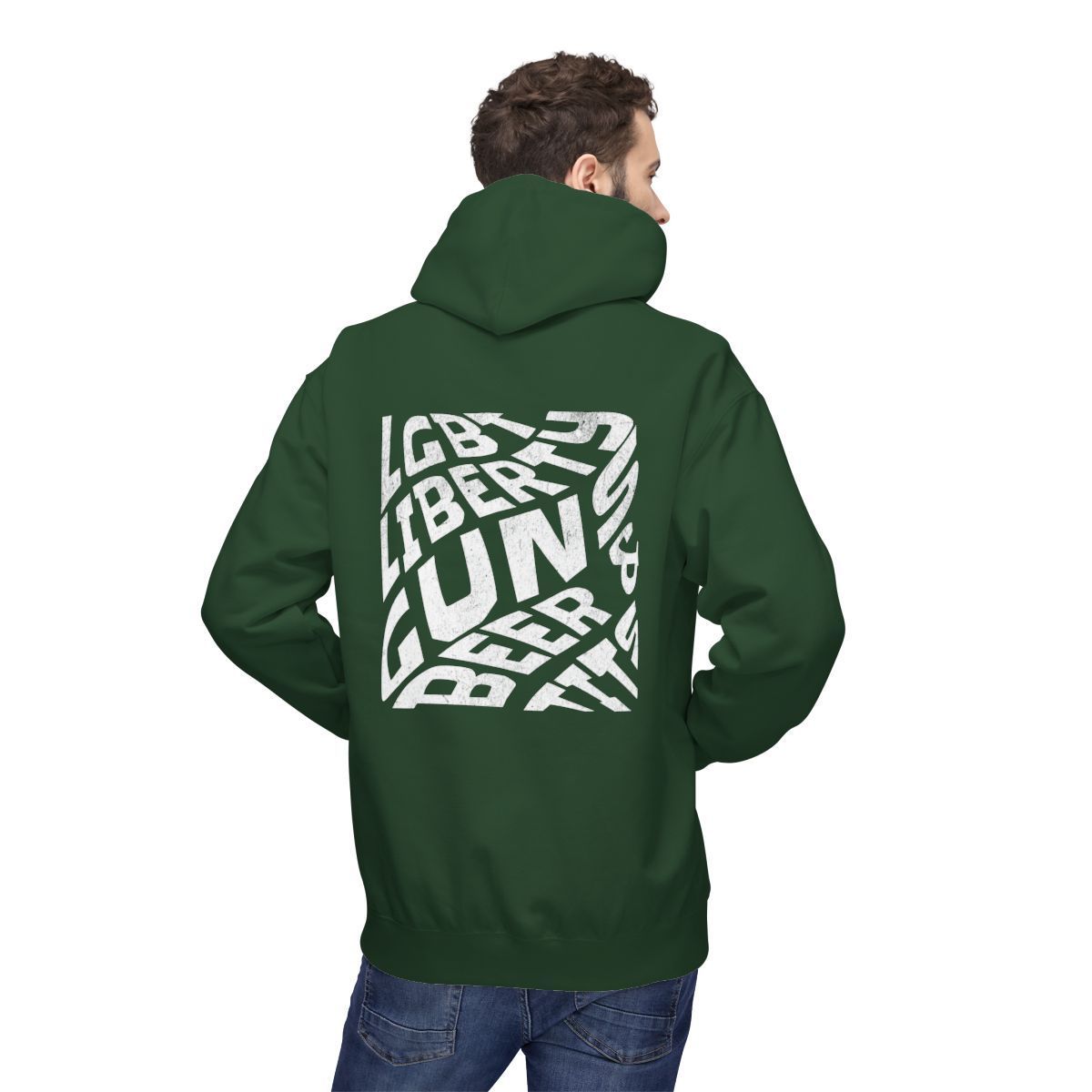 Man wearing a dark green hoodie with white text that reads 