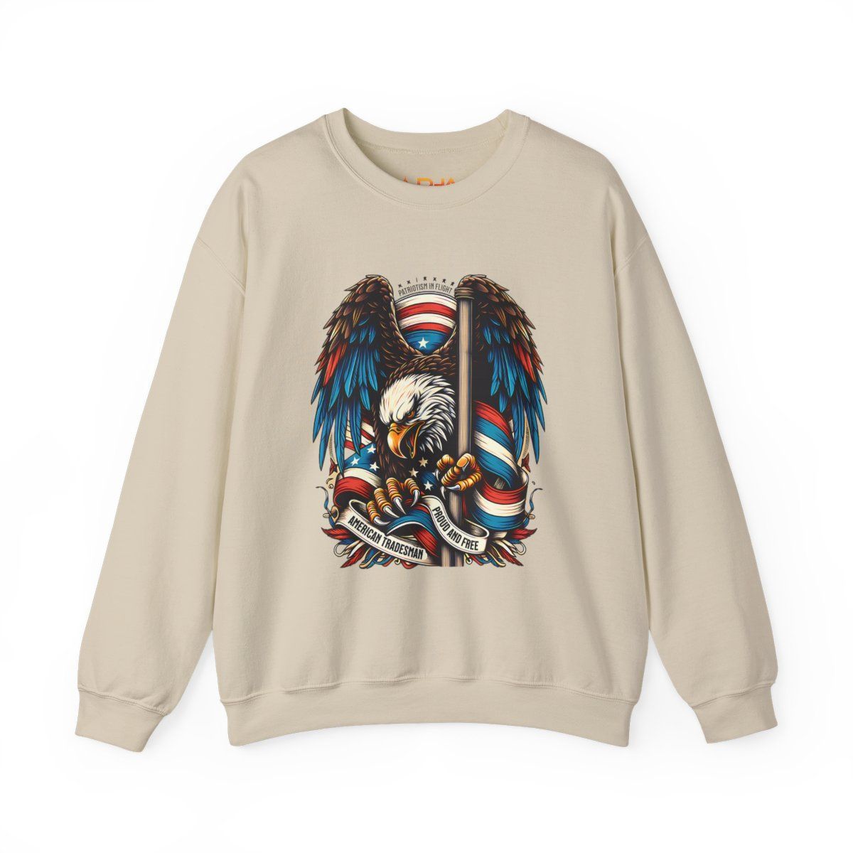 Beige sweatshirt with American eagle graphic, holding flag.