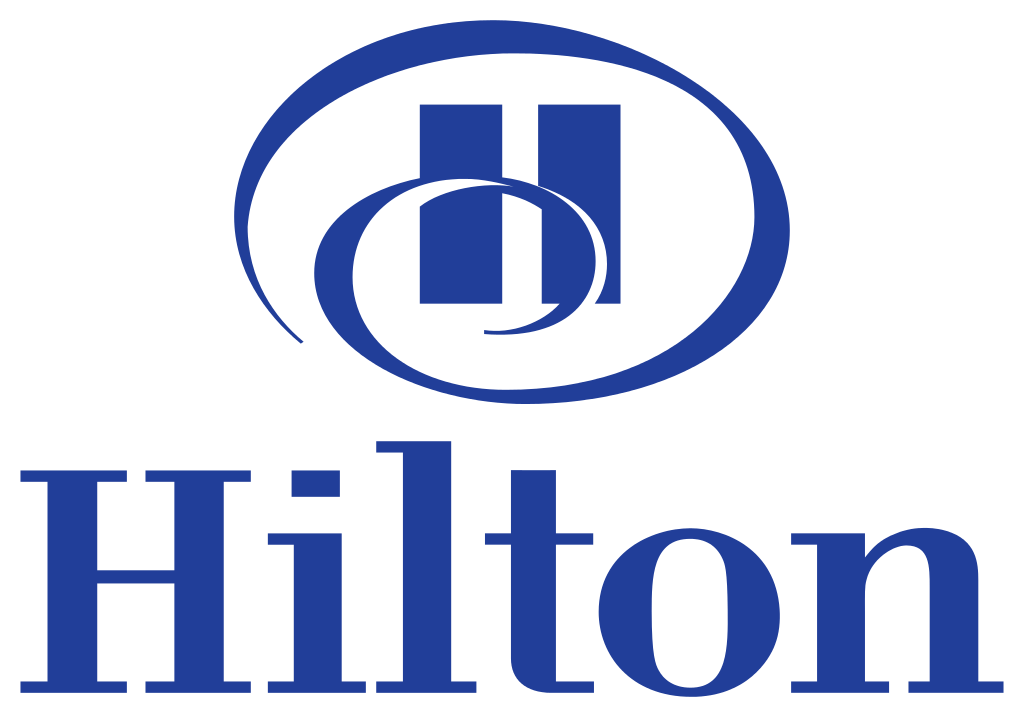A blue hilton logo on a white background