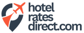 The logo for hotel rates direct.com has an airplane on it.