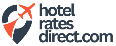 The logo for hotel rates direct.com has an airplane on it.