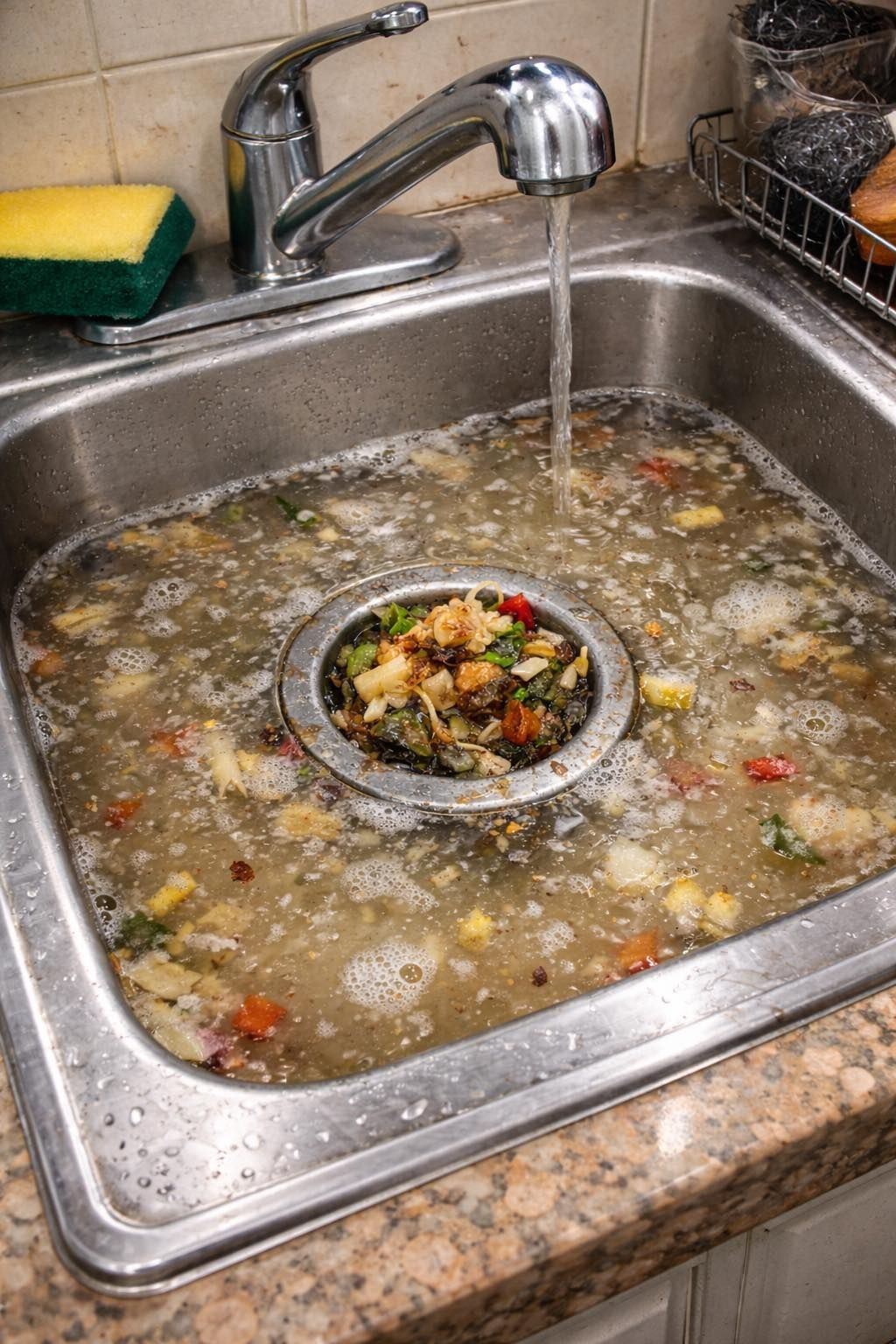 A kitchen sink filled with murky water and food scraps, with the faucet running and the drain obstructed.