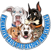 Logo: smiling dogs and cat, with a bone.