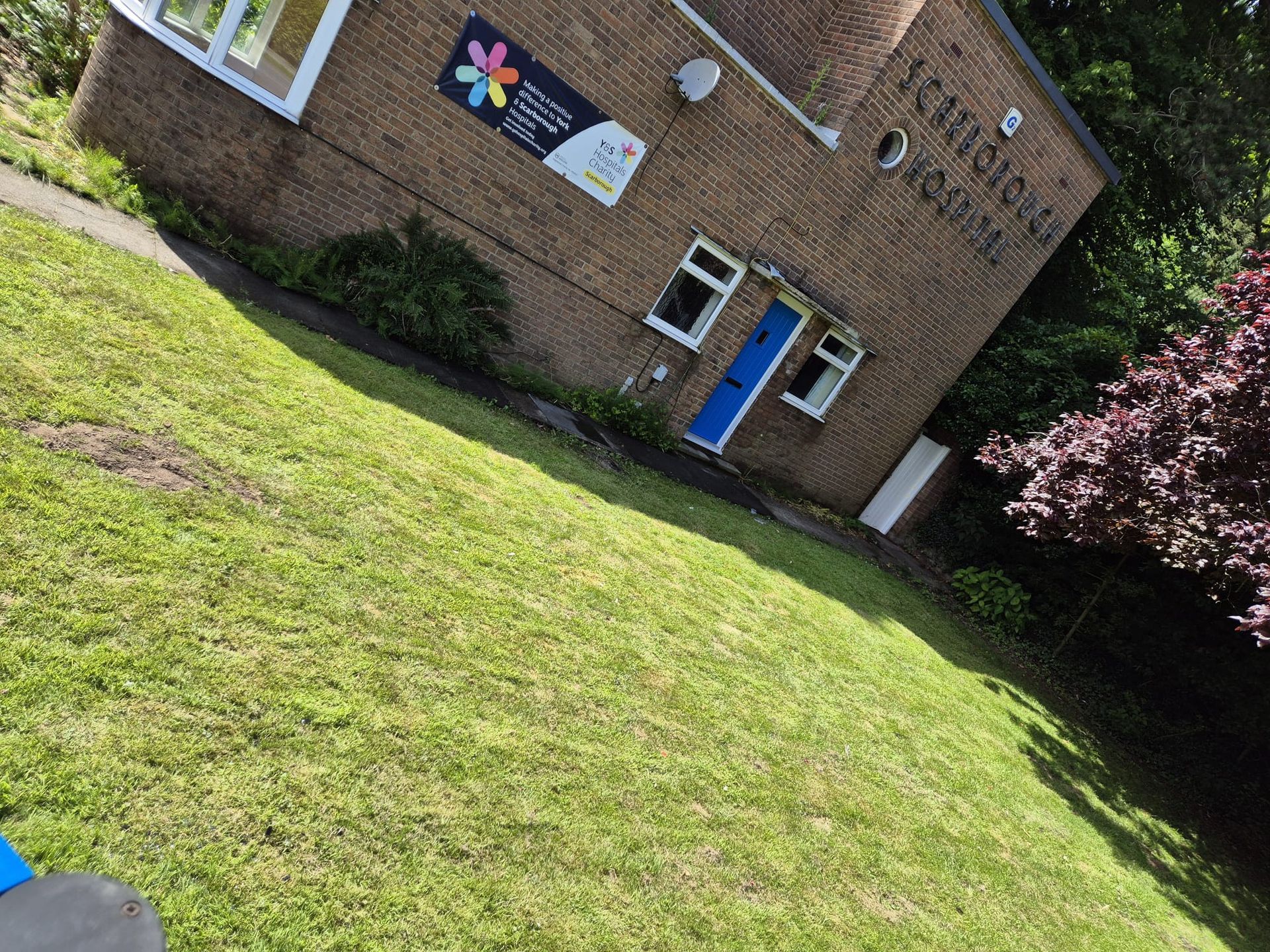 A brick building with a blue door is sitting on top of a lush green lawn.