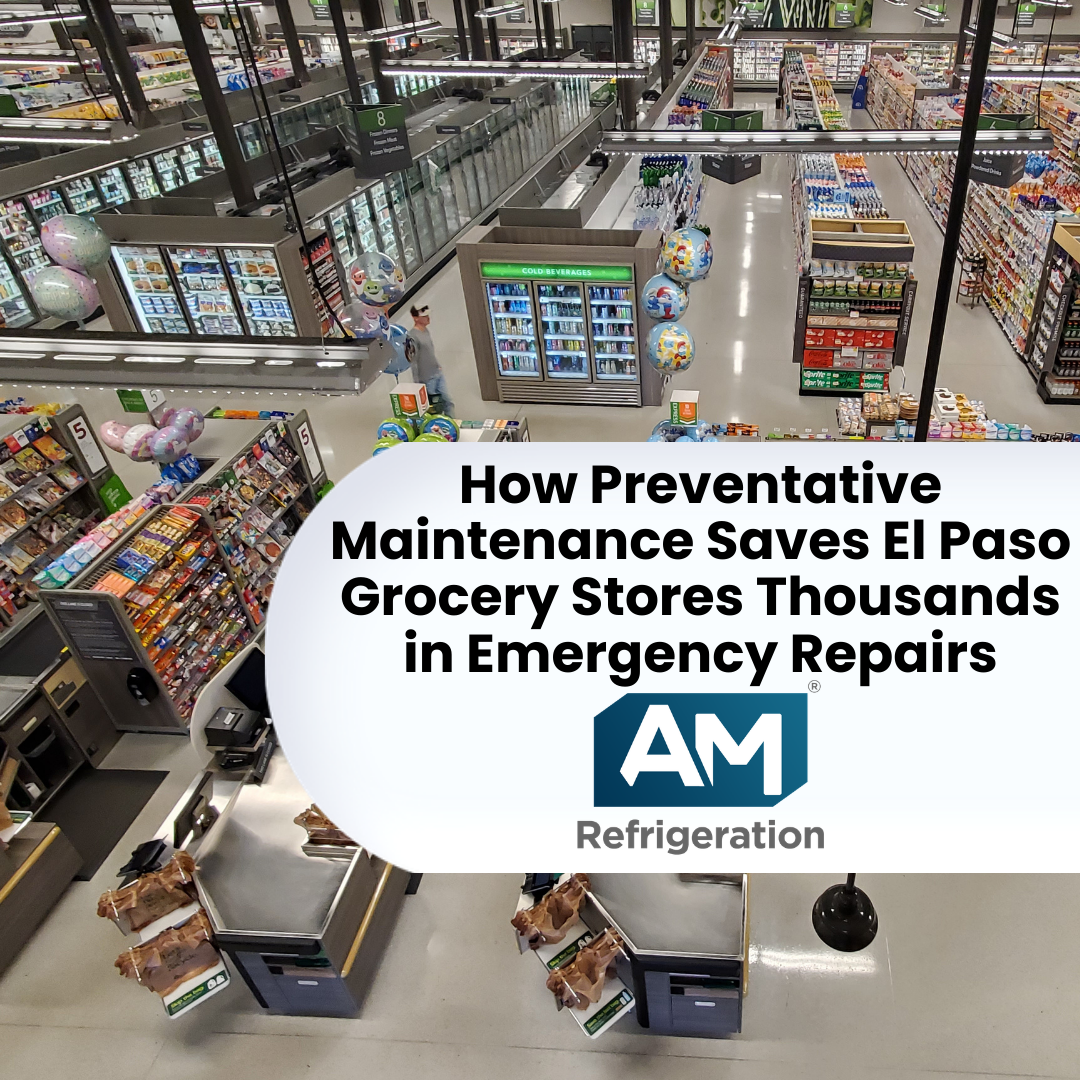 Overhead view of a grocery store's commercial refrigeration display cases and cold beverage units