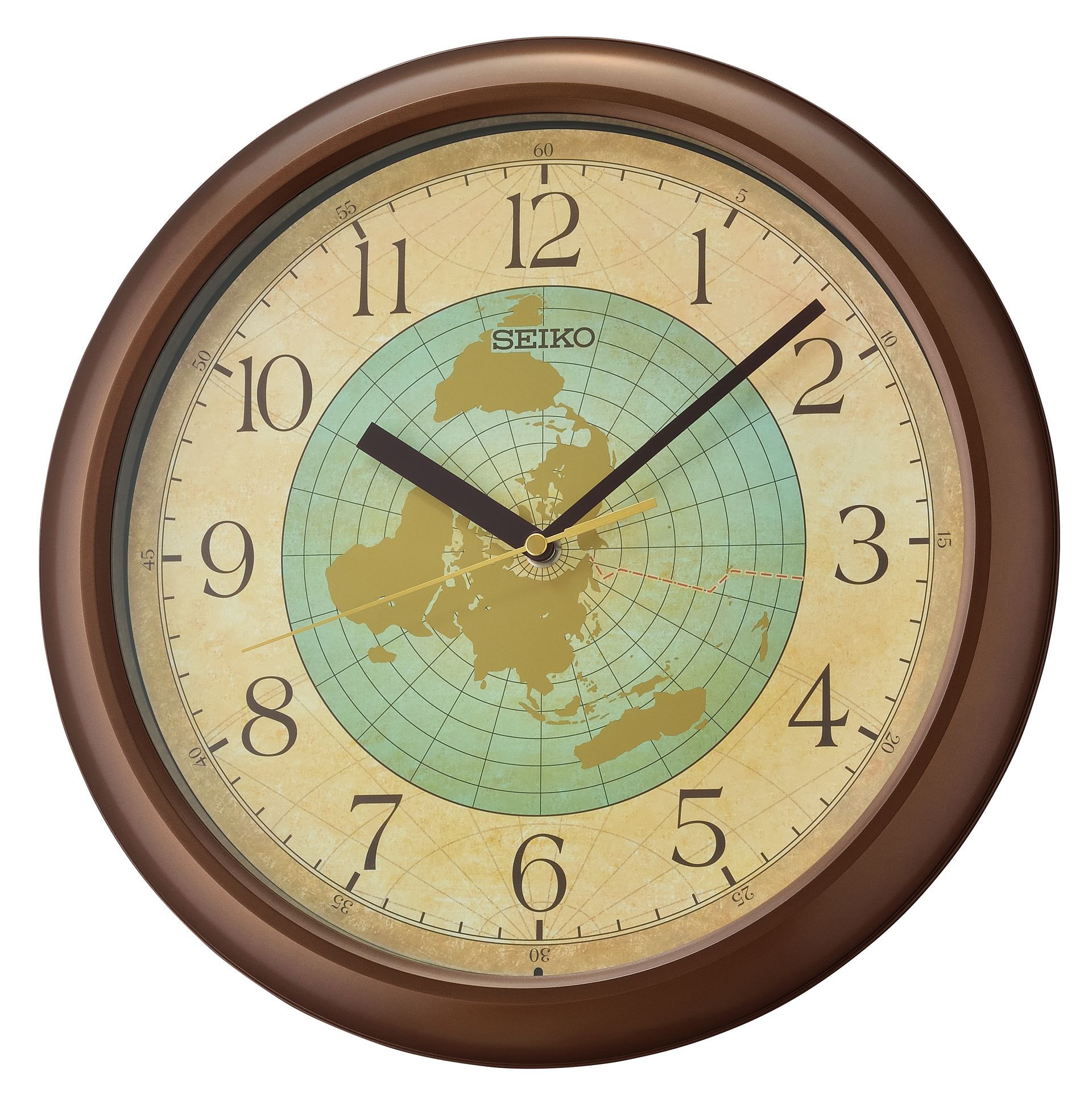 A seiko clock with a map of the world on the face