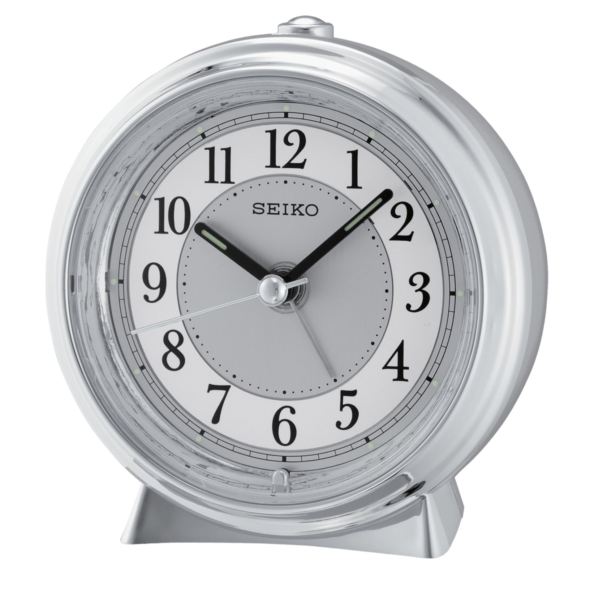 A silver seiko alarm clock with a white face
