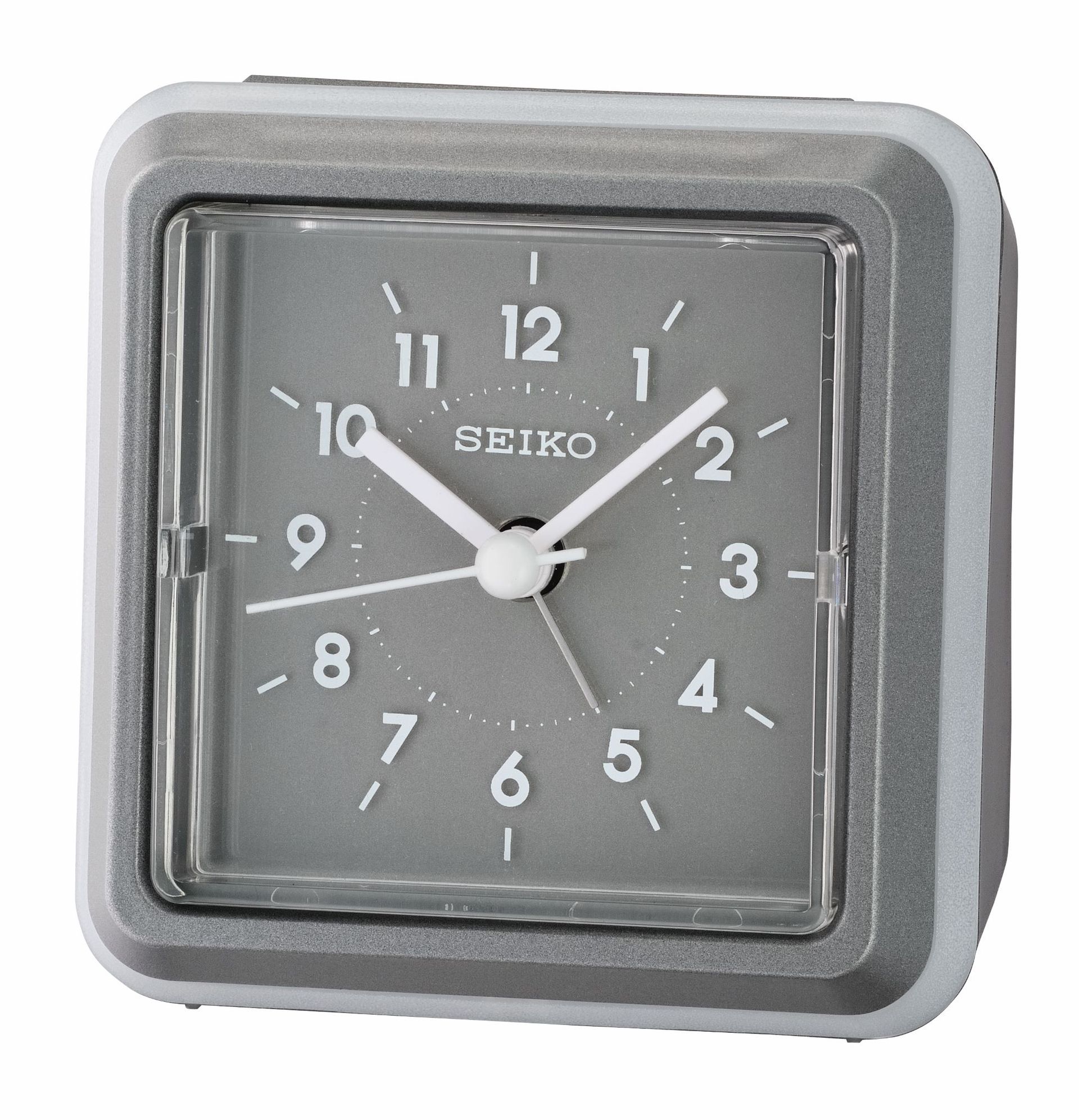 A seiko clock with a square face and white hands