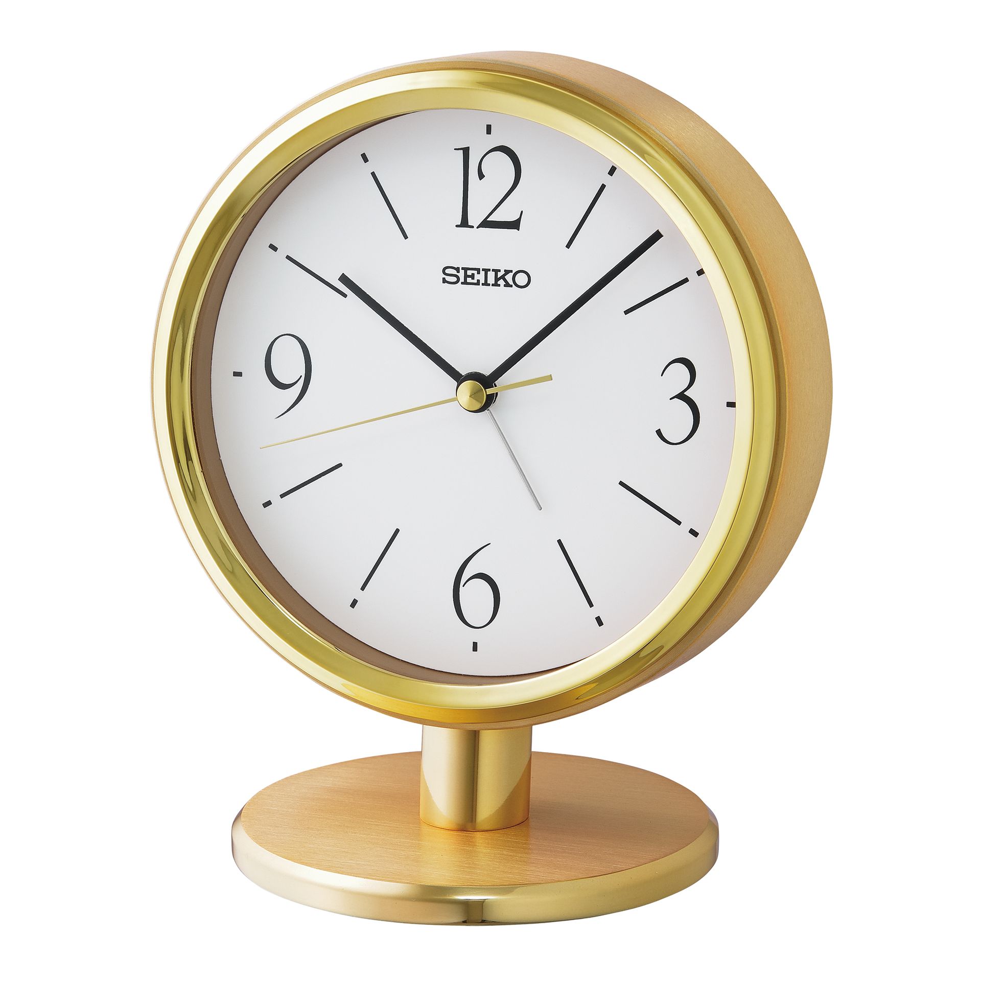A gold seiko clock with a white face and black hands