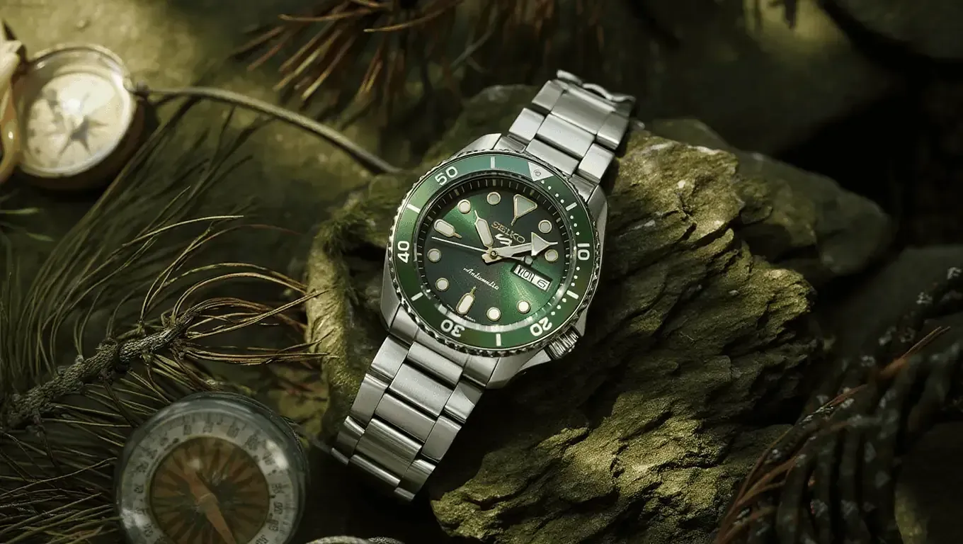 Seiko 5 Sports watch on a rock