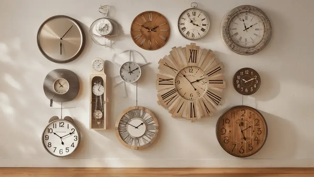 dozens of wall clocks on the wall