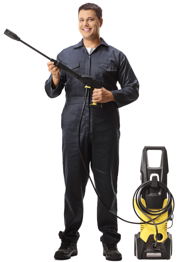 A man is holding a high-pressure washer.