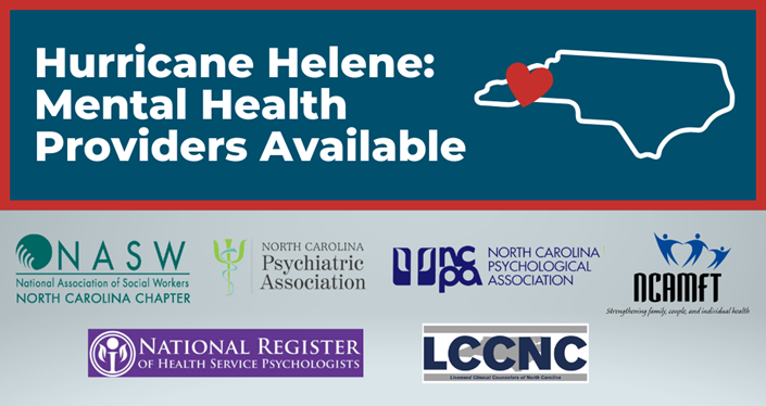 Announcement about mental health providers available after Hurricane Helene in North Carolina. Includes logos of mental health organizations.