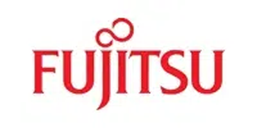 A red fujitsu logo on a white background