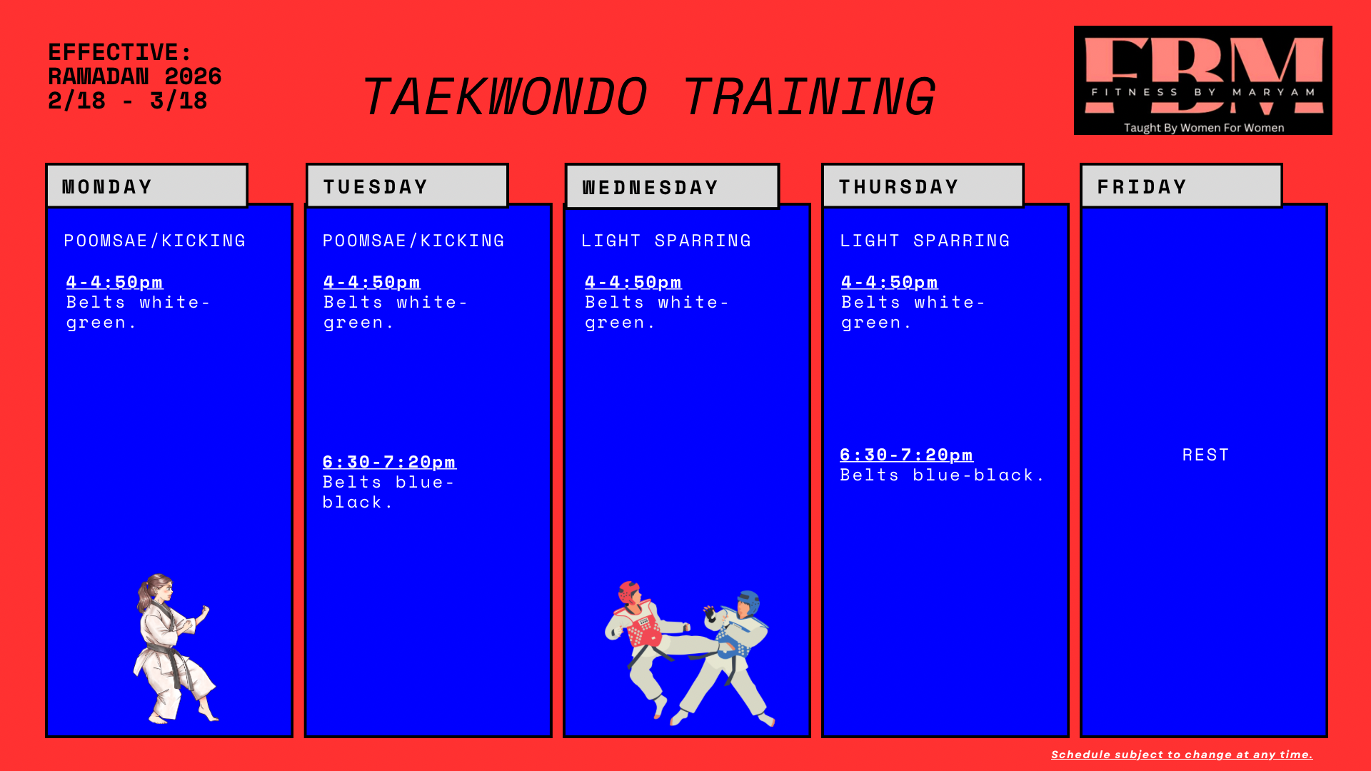 A taekwondo schedule for august 5th is shown.