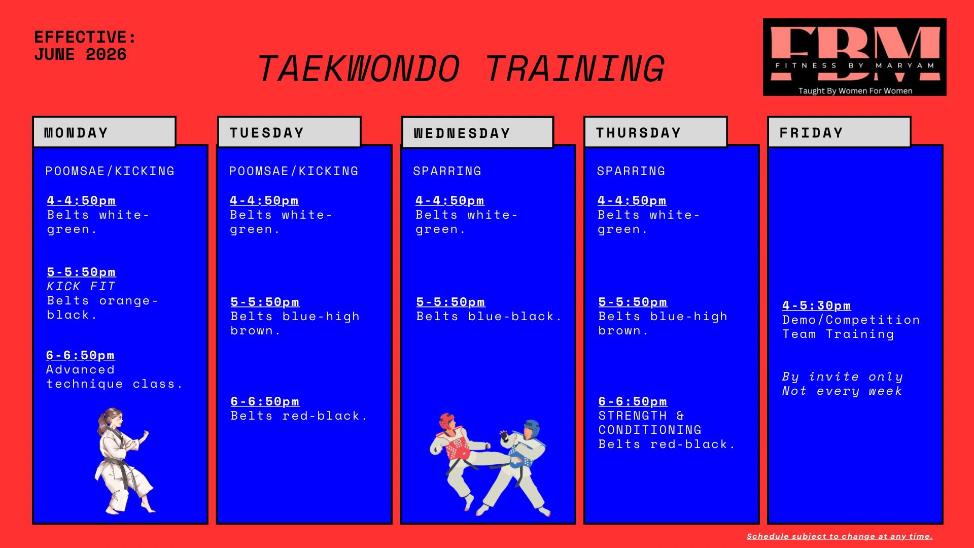 A taekwondo schedule for august 5th is shown.