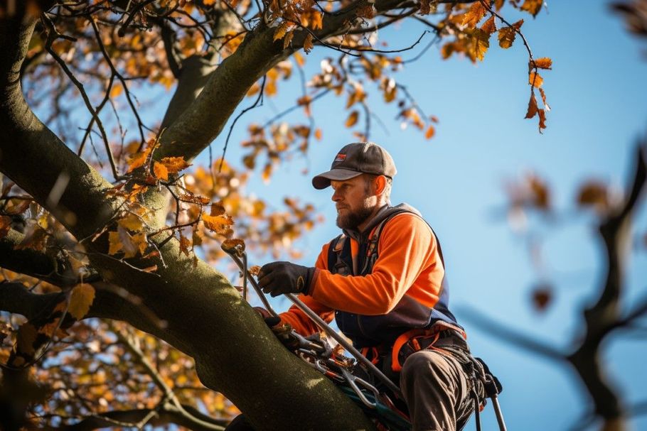 An arborist in a high-visibility orange sweater and safety gear climbs a tree with autumn foliage against a blue sky.
