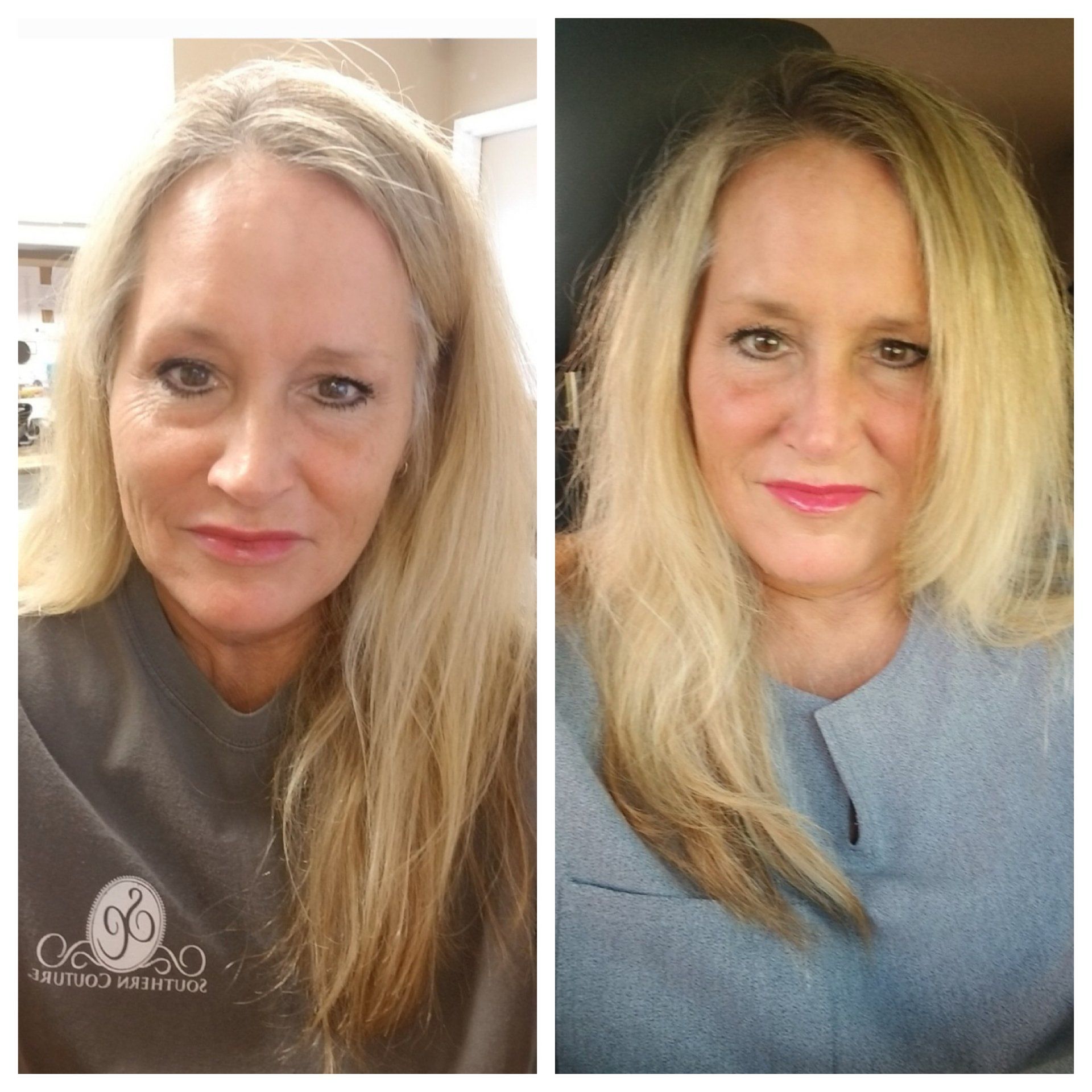 Two selfies of a blonde woman. The left photo shows her in a gray shirt, the right photo with a pinkish lipstick and gray-blue shirt.