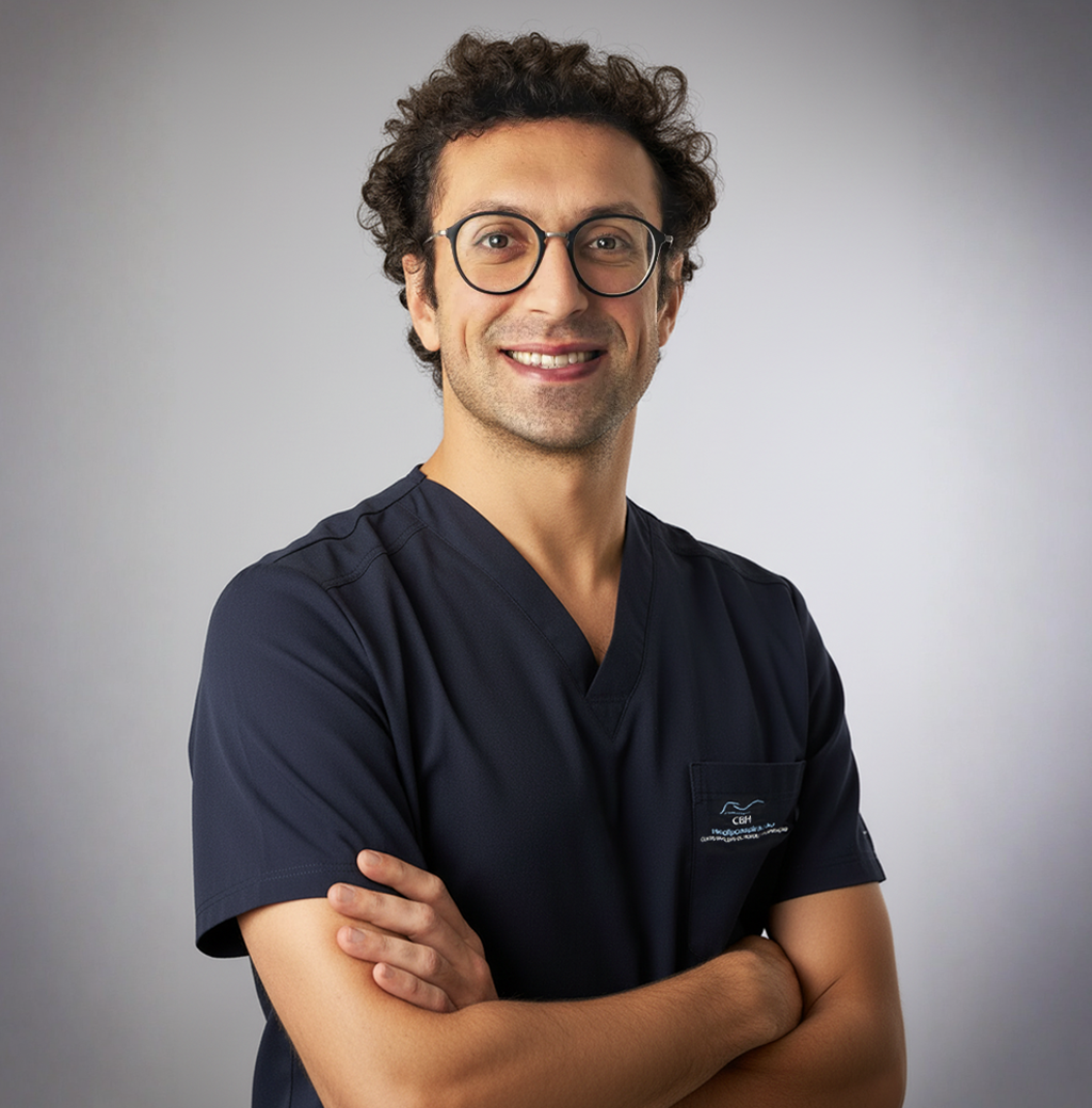 Um homem usando óculos e uma camisa branca está de pé com os braços cruzados.