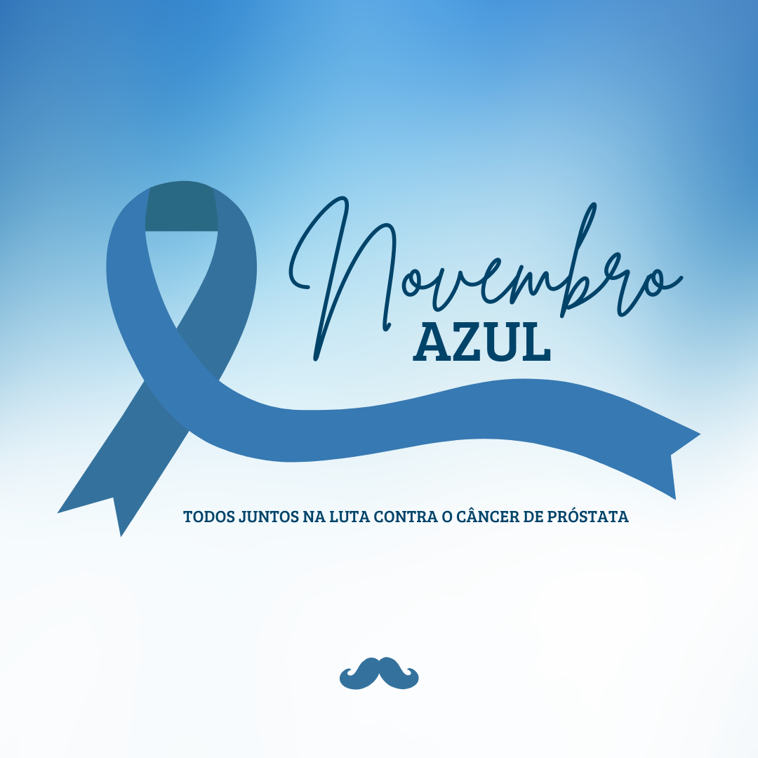 Homem de azul segura  laço símbolo do Novembro Azul campanha de prevenção  conscientização do câncer