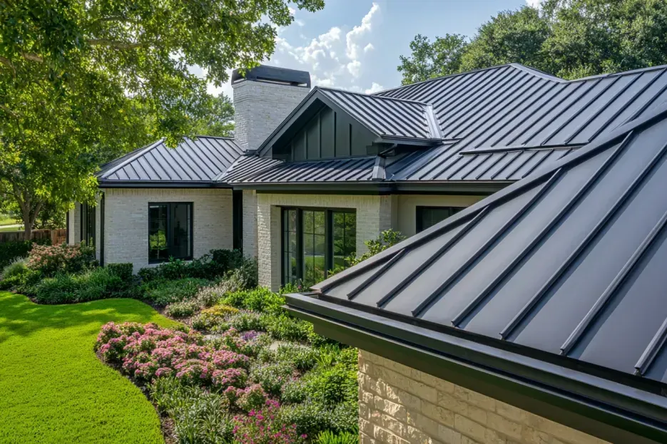 Black metal roof on a light brick house with a green lawn and garden under a cloudy sky.