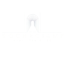 White linear architectural illustration of a long corridor with arches, disappearing into bright light.