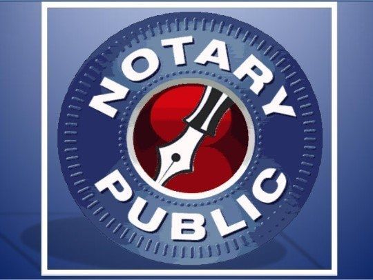 Notary Public seal with blue border, white lettering, and red center fountain pen nib