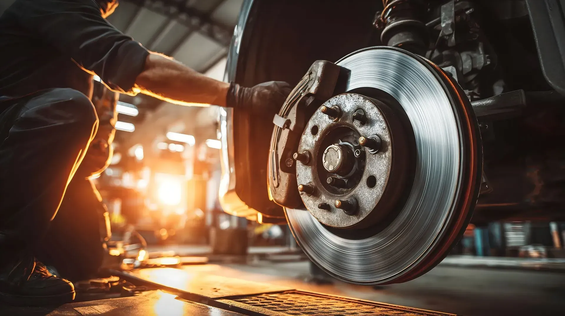 Mechanic working on a car brake rotor in a dim garage, warm light glowing in the background