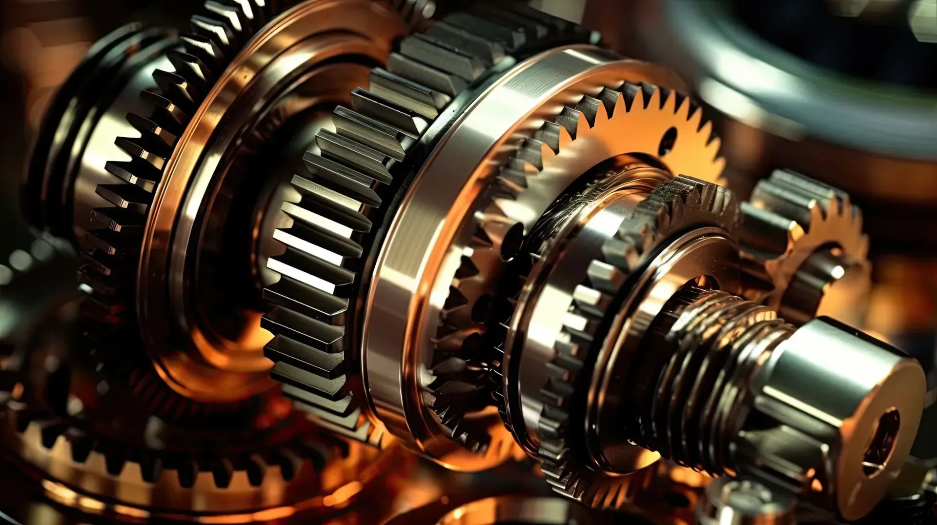 Close-up of metallic gears and shafts with warm copper lighting
