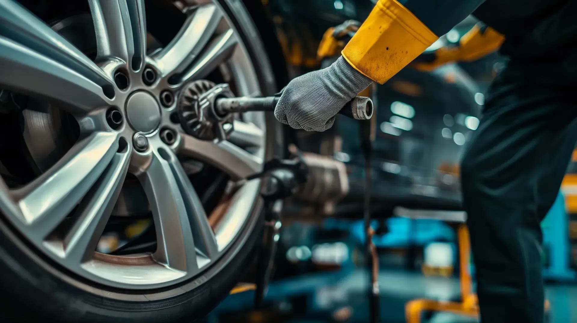 Mechanic tightening a car wheel lug nut with a wrench in a garage