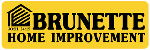 Logo for Brunette Home Improvement, a yellow rectangle with black text and a house icon.
