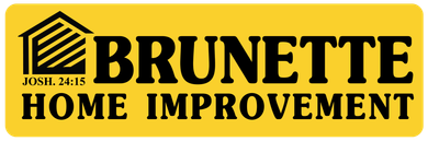 Logo for Brunette Home Improvement, a yellow rectangle with black text and a house icon.