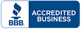 BBB Accredited Business badge with blue logo and text on a white background