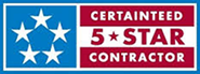 Certainty 5 Star Contractor logo with blue stars and red banner on white background