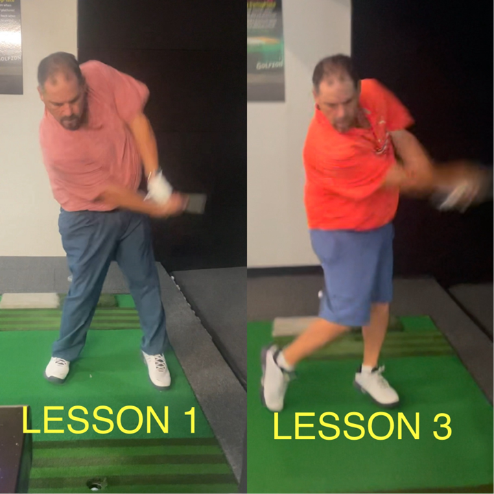 A man swinging a golf club on a green mat with the words lesson 1 and lesson 3 below him