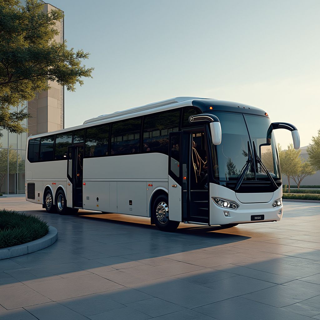 A white passenger bus parked in front of a building. The doors are open.